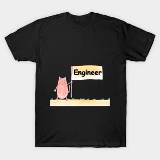 Engineer. Profession, work, job. Cat shows a banner with the inscription. Watercolor illustration. A gift for a professional. T-Shirt